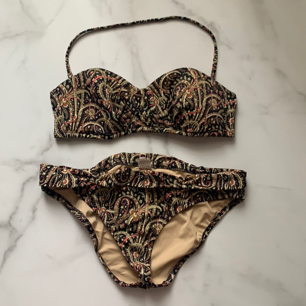 Jcrew 2 piece bandeau, hipster bathing suit, size Small, paisley print